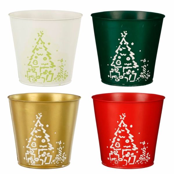 Cubo Macetero Navidad de Metal 4 Unidades Blanco Verde Oro Rojo