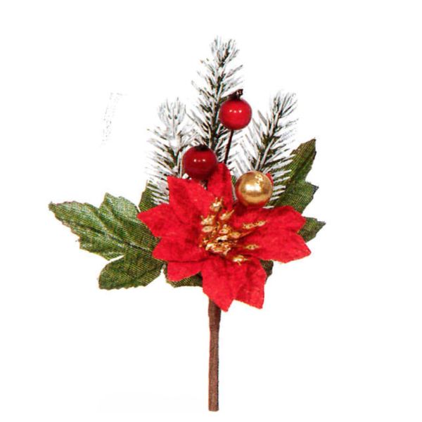 Pick Decorativo Flor de Poinsettia Navidad Bayas Rojo & Oro