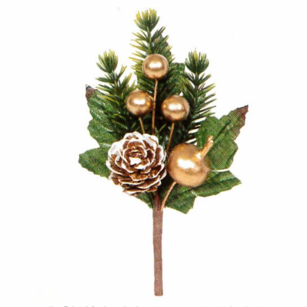 Christmas Decorative Pick with Gold Berries & Pine